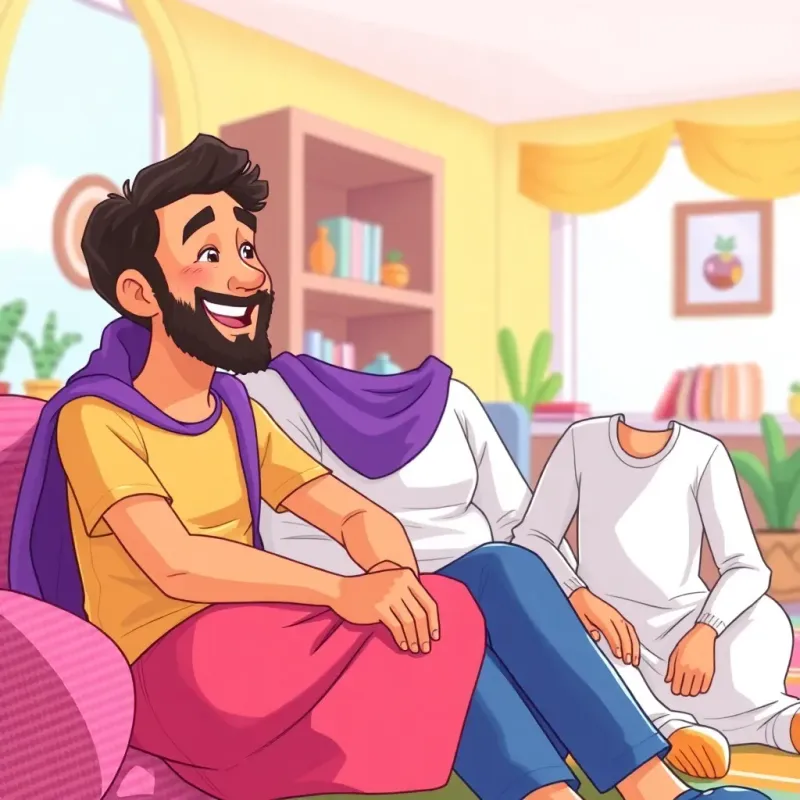 Yasser and Rami laughing and talking, sitting together in the bright room, looking happy and engaged in conversation, friendly mood, colorful decor, illustration, high quality