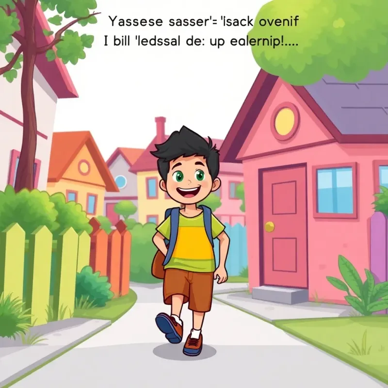 Yasser walking back home with a smile, feeling fulfilled after making his friend happy, colorful neighborhood background, vibrant and cheerful, illustration, high quality