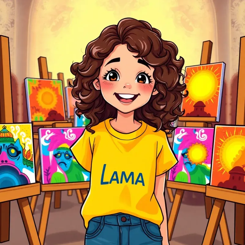 A young Arabic girl, Lama, with curly brown hair wearing a yellow t-shirt, surrounded by easels with bright paintings, showing excitement and happiness, illustration, colorful, creative, joyful vibe, high quality