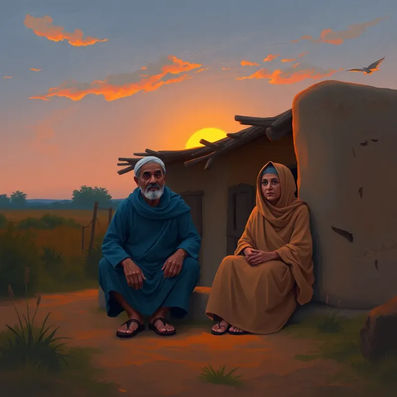 A serene evening scene in a rural setting, with Salim, a middle-aged Arab man, sitting outside his clay house with his wife Hadiya. The sunset casting orange light, warm and peaceful, intimate family moment, digital art, soft focus, heartwarming