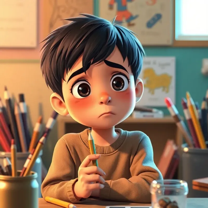 A thoughtful boy, Sami, with short black hair, looking worried with a broken pencil in his hand, surrounded by art supplies, warm light, child-friendly, thoughtful expression, detailed illustration
