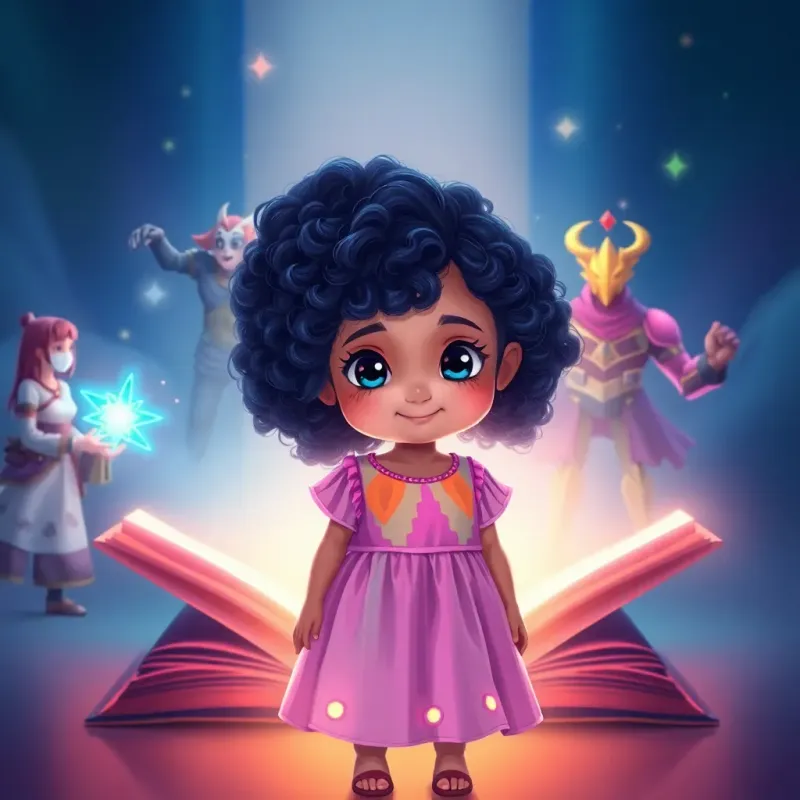 A small girl, Leila, with curly black hair, wearing a colorful dress, standing with digital heroes appearing from a glowing book, a warm light surrounding them, colorful and cheerful atmosphere, digital art, adventure-themed