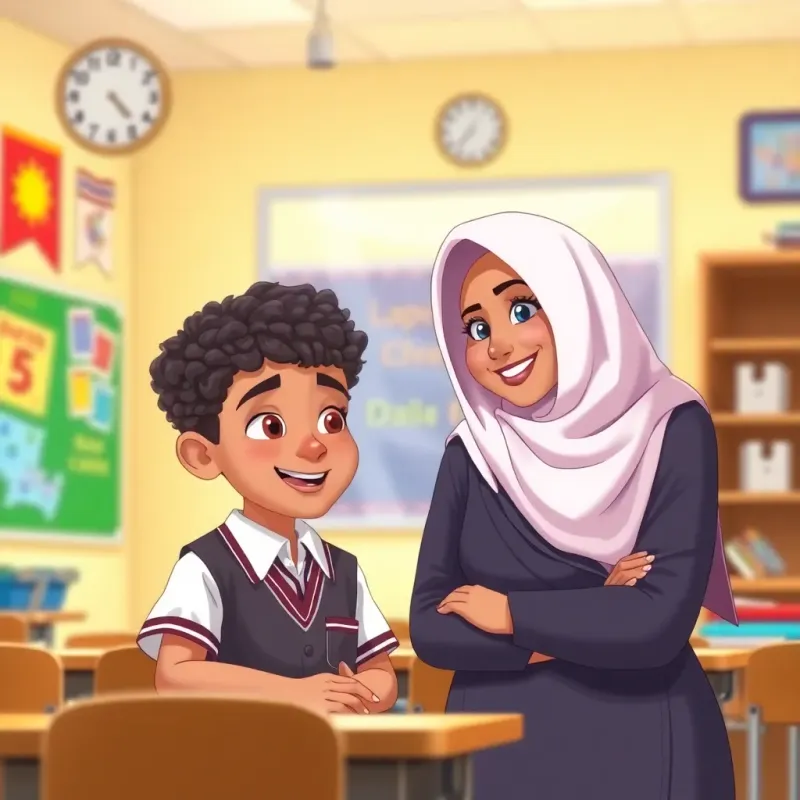 A classroom scene with a warm and welcoming atmosphere, a young Omani boy, Salem, with short curly hair in a school uniform, talking to a friendly female teacher, Ms. Amina, with a kind smile, colorful classroom decorations in the background, illustration, detailed, inviting, high quality