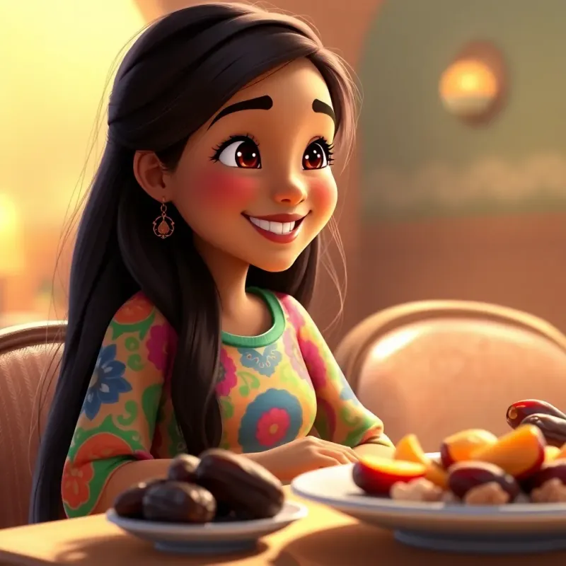 A cheerful young Arabic girl, Areej, with long dark hair wearing a colorful dress, sitting at a dining table, looking at dates and smiling, warm light, joyful atmosphere, vibrant colors, high quality