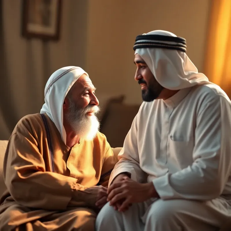 An elderly man, Areej's grandfather, with a white beard, wearing a traditional thobe and a kufi, sitting beside Areej, sharing a heartfelt conversation, warm light, serene moment, loving family setting, high quality