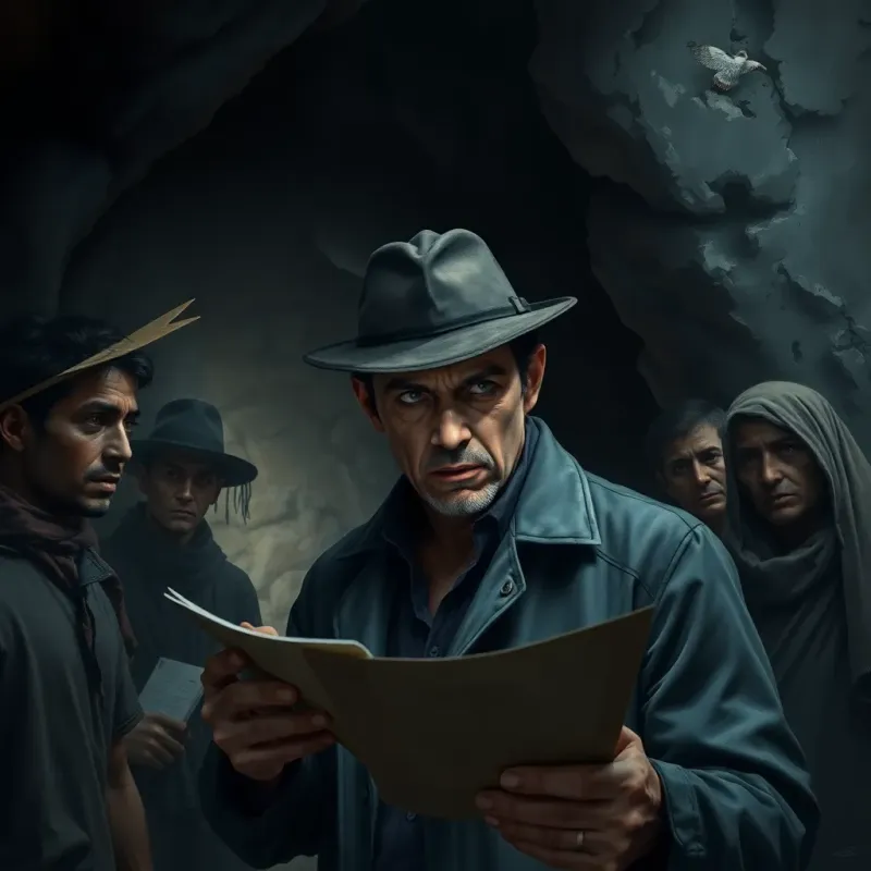 A detective looking serious, examining clues near the cave entrance, surrounded by concerned villagers, deep shadows, tense expressions, mystery-themed, digital painting, realistic, dark mood