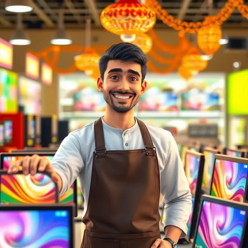 A friendly Arab man, مويد, in a store apron with short black hair, showing سعيد various shiny computers with screens and colorful labels, smiling, warm lighting, inside an electronics store with bright decorations, digital art, engaging, high quality