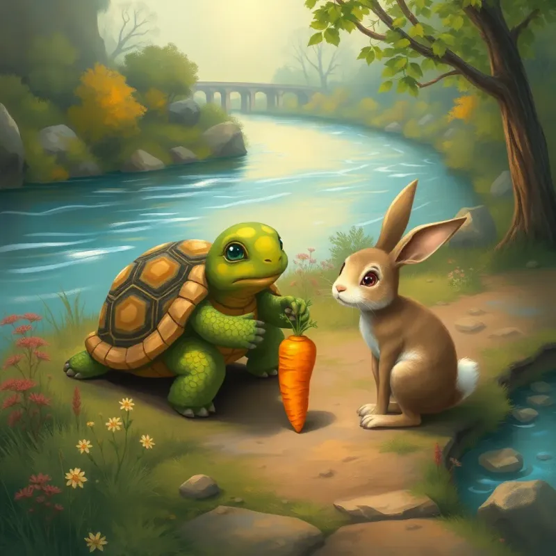 A wise turtle, سوسو, with a slow demeanor, helping سمسم the rabbit pull a golden carrot from the ground on a small path next to a river, colorful nature, gentle light, calm setting, illustration, adventure-themed