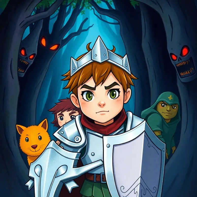 Faris, a brave young boy with determined eyes in silver armor, leading his friends into a dark forest against evil villains, intense colors, adventurous mood, child-friendly