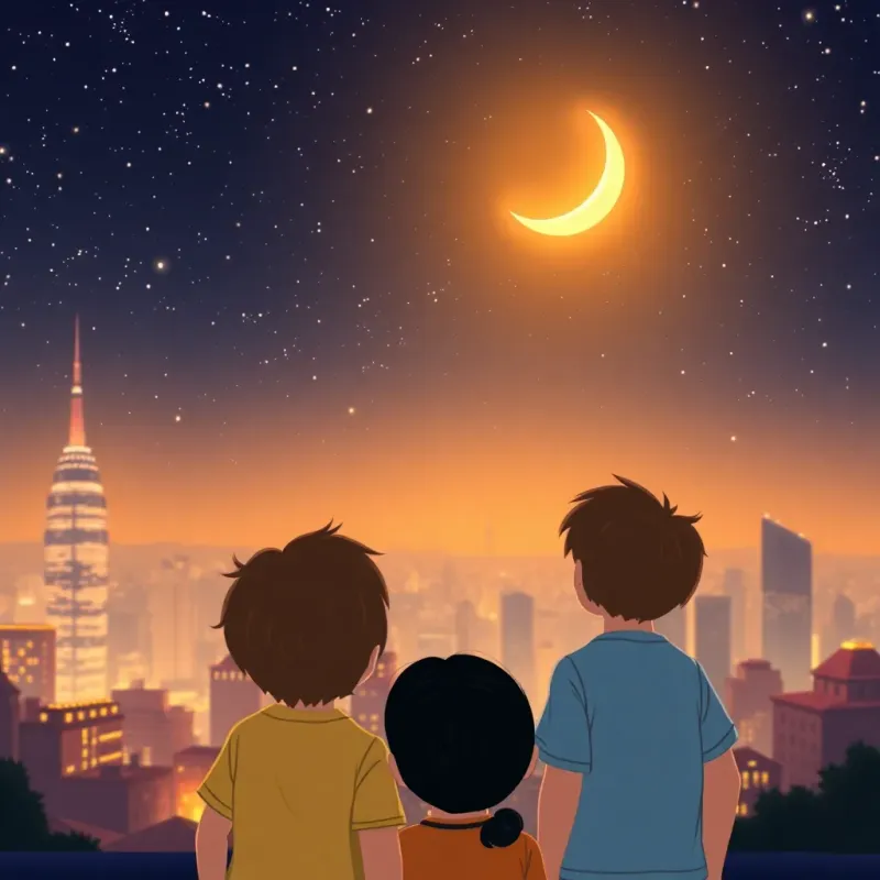 A beautiful city skyline at night with twinkling stars and a delicate crescent moon above, children looking up in awe, warm light, vibrant colors, inviting atmosphere, digital art, high quality