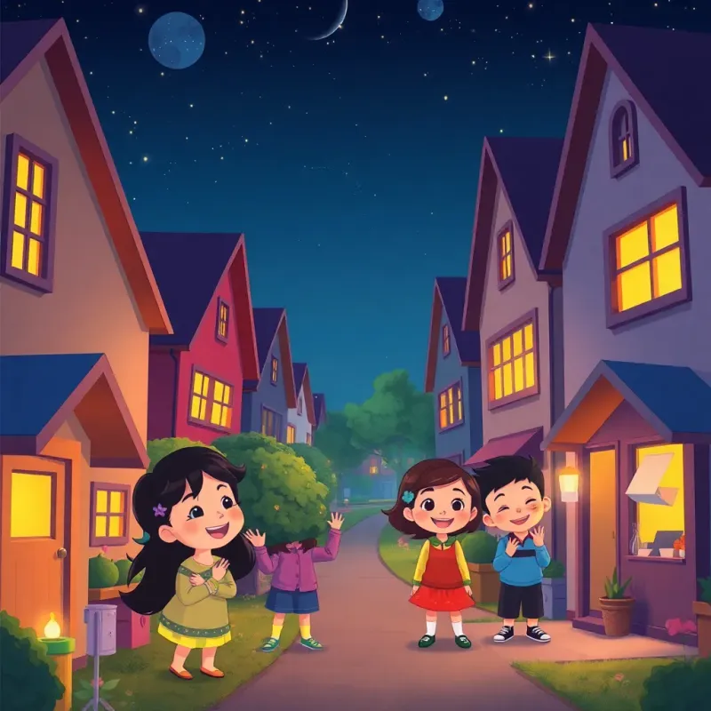 A cozy neighborhood lit up at night with smiling faces, children laughing and adults talking, warm lights glowing from windows, cheerful scene, illustration, uplifting, detailed