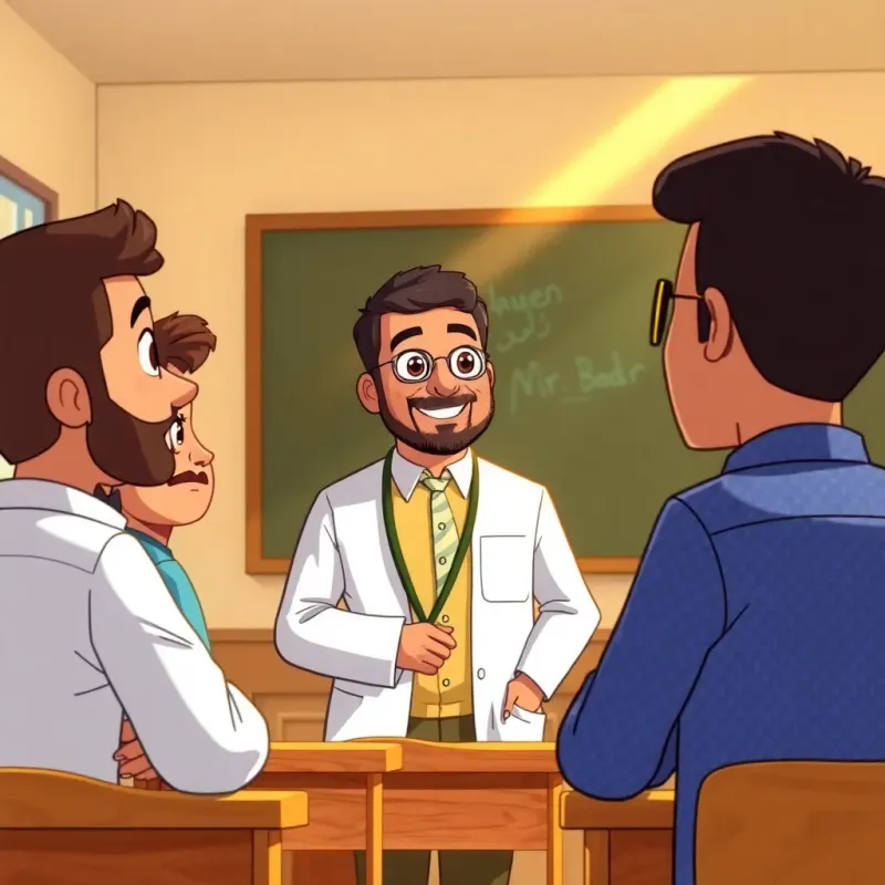 The teacher, Mr. Badr, is standing in front of the three friends, his expression is warm and welcoming. The setting is a cozy classroom with wooden desks. Marwan is listening closely, while Yasser looks curious. Faris appears eager for answers. Sunlight shines through the window, casting a golden hue. Illustration, bright colors, engaging scene, high quality.