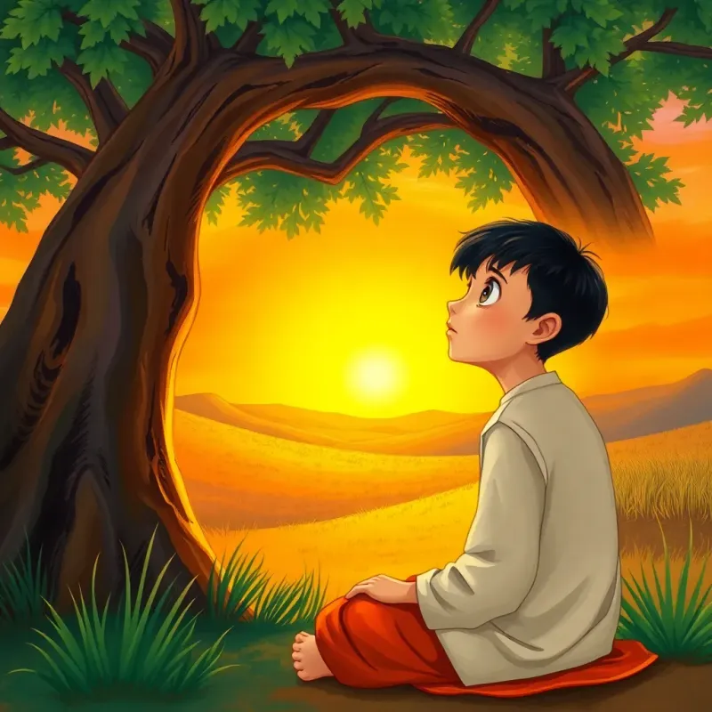 A young Arab boy, Ali, with short black hair, sitting under a big tree, looking up at the sky, speaking to himself with determination, soft sunset light, colorful, inspiring, illustration, vibrant storybook style, high quality