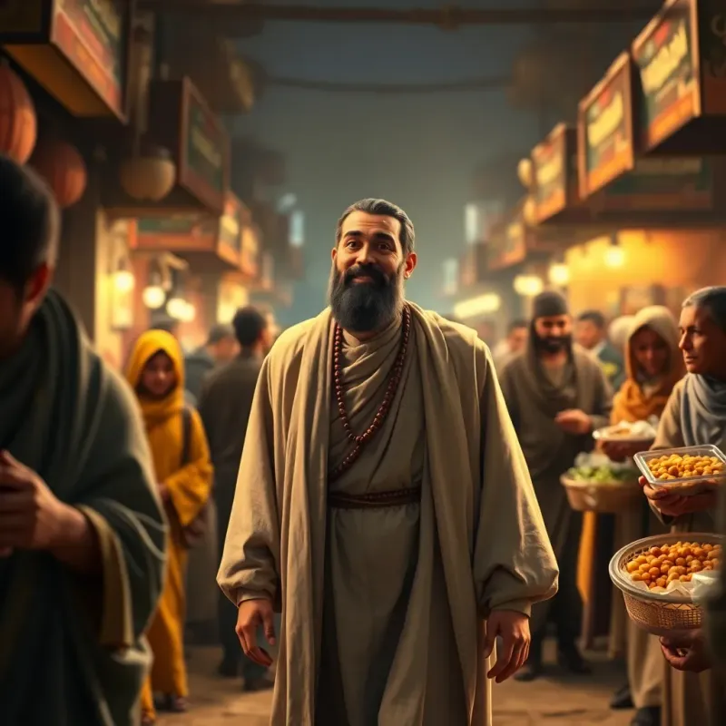 Omar ibn al-Khattab, now a man, wearing simple traditional robes, walking in a busy market, listening to the needs of the people, distributing food with a kind smile, warm light, community-focused, uplifting imagery