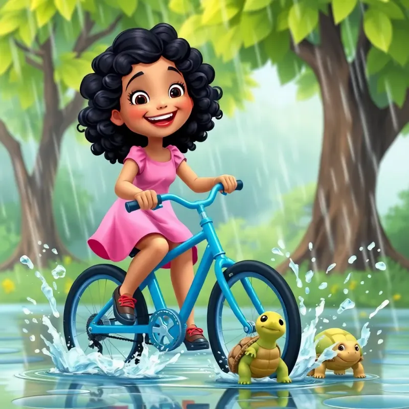 A happy girl, Sumaya, with a pink dress and curly black hair, riding a blue bike in the rain with splashes of water around her, smiling widely, surrounded by green trees and a small turtle watching, cheerful scene, vivid colors, high quality