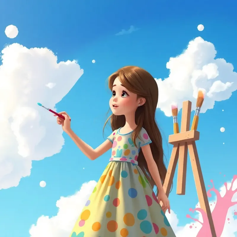Rima, a young girl with long brown hair in a colorful dress, painting clouds in blue skies, surrounded by splashes of paint and brushes, bright and magical, illustration, whimsical, high quality