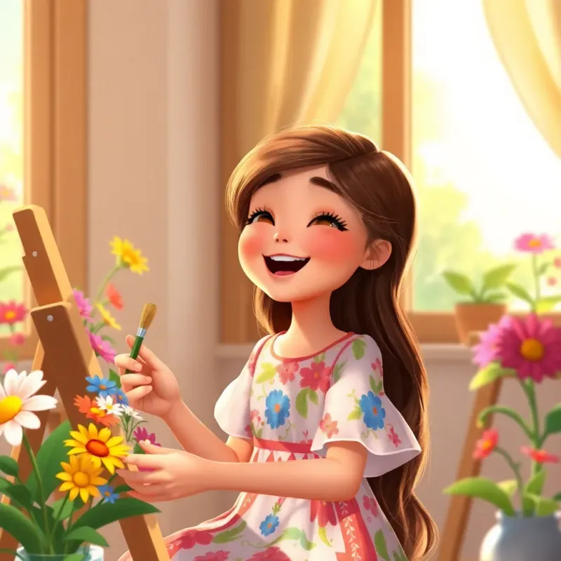 Rima, a young girl with long brown hair in a colorful dress, happily singing while painting colorful flowers, sun shining through the window, joyful and dreamlike, detailed digital art, warm light, vibrant colors