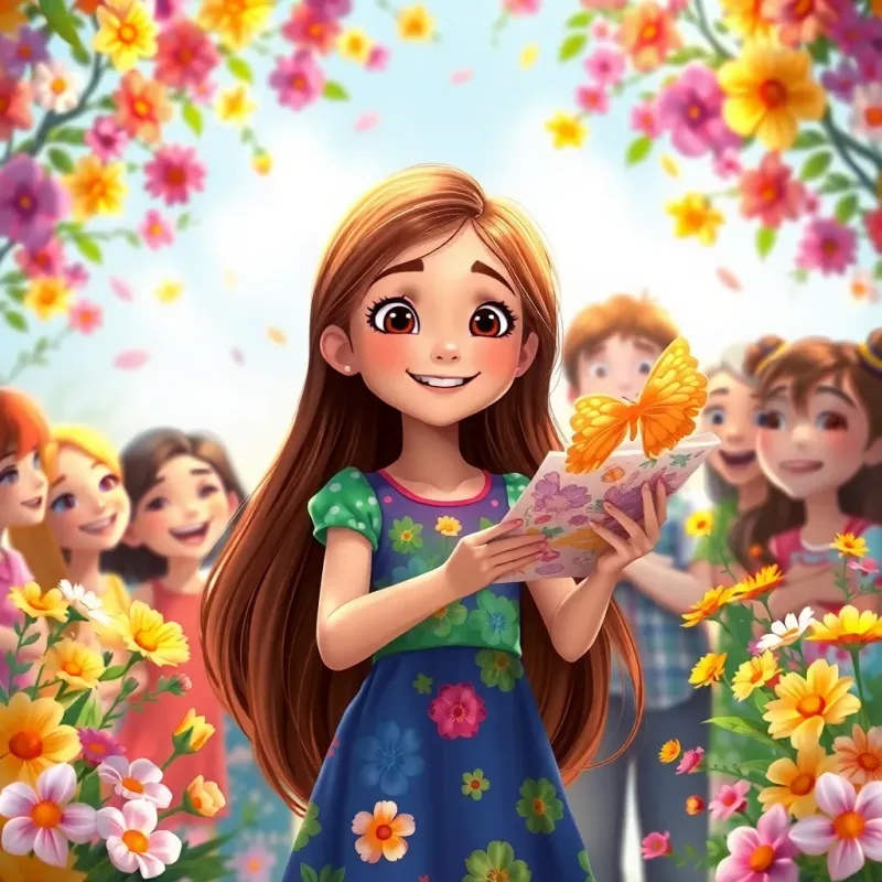Rima, a young girl with long brown hair in a colorful dress, showing her art to her friends, everyone excited and amazed, surrounded by flowers and colors, joyful and vibrant, digital painting, colorful and lively