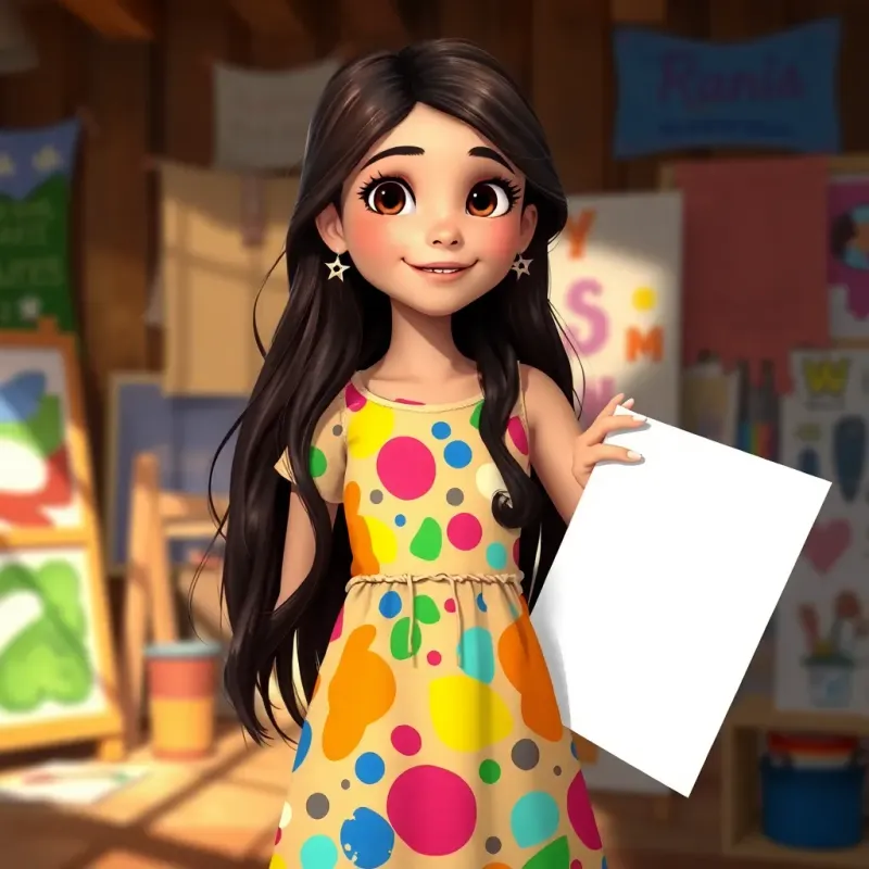 Sara, a young girl, with long dark hair, wearing a colorful dress, pulling out art supplies like paints, brushes, and bright white paper, artistic setting, vibrant colors, engaging view, high quality