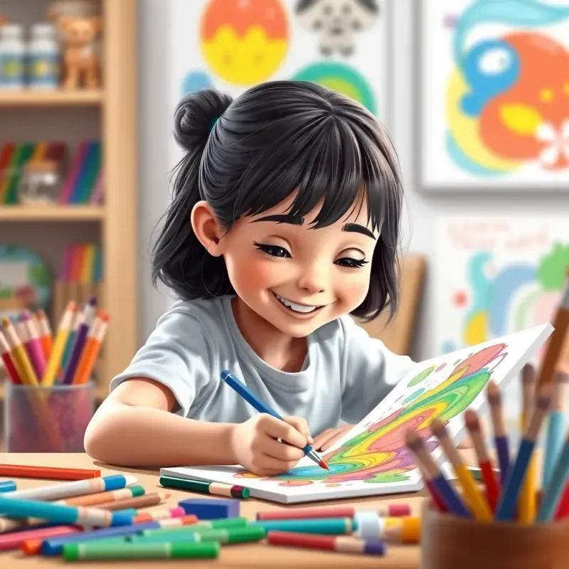 A young girl, Sara, concentrating and enjoying drawing a colorful painting, with a big smile on her face, surrounded by art supplies, focused moment, lively colors, inspiration, high quality
