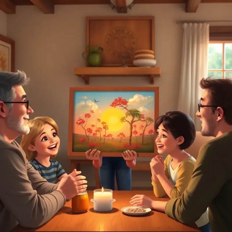 Sara, presenting her painting to her family and friends, all smiling and praising her art, warm colors, joyful atmosphere, high quality