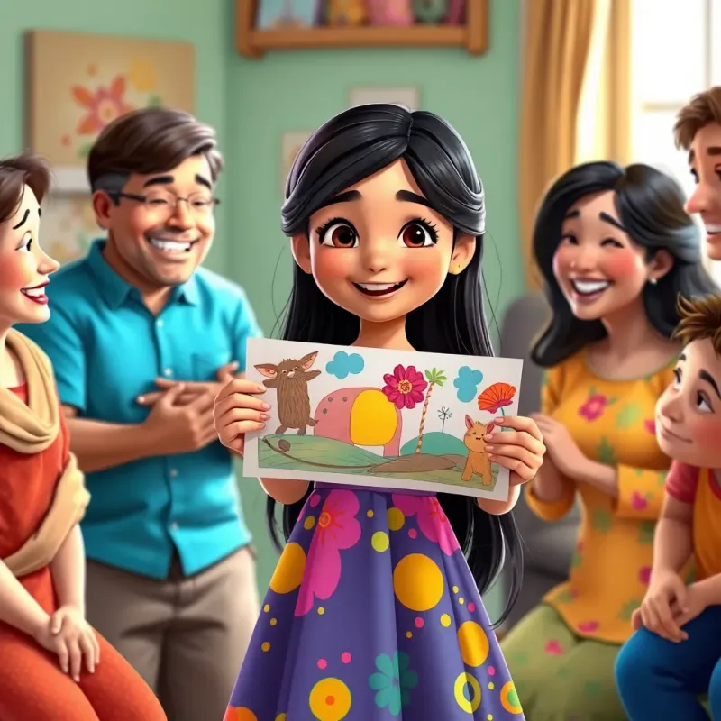 A young girl, Sara, with long dark hair in a colorful dress, happily showcasing her artwork to her parents and friends, surrounded by cheerful expressions, vibrant, heartwarming moment, high quality