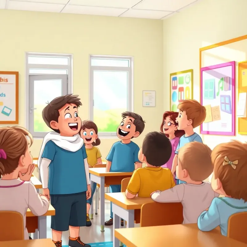 A classroom with children including Sami, talking animatedly about windows and doors, colorful drawings on the walls, bright sunlight streaming in, engaging atmosphere, illustration, joyful learning environment, child-friendly