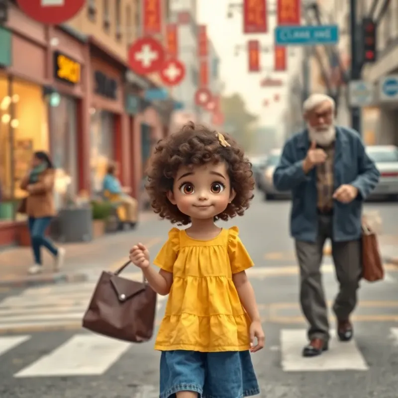 Emilly, a small girl with curly brown hair in a cheerful yellow dress, assisting an old blind man crossing a busy street, description of surroundings like shops and cars, warm colors, heartwarming atmosphere, digital art, high quality