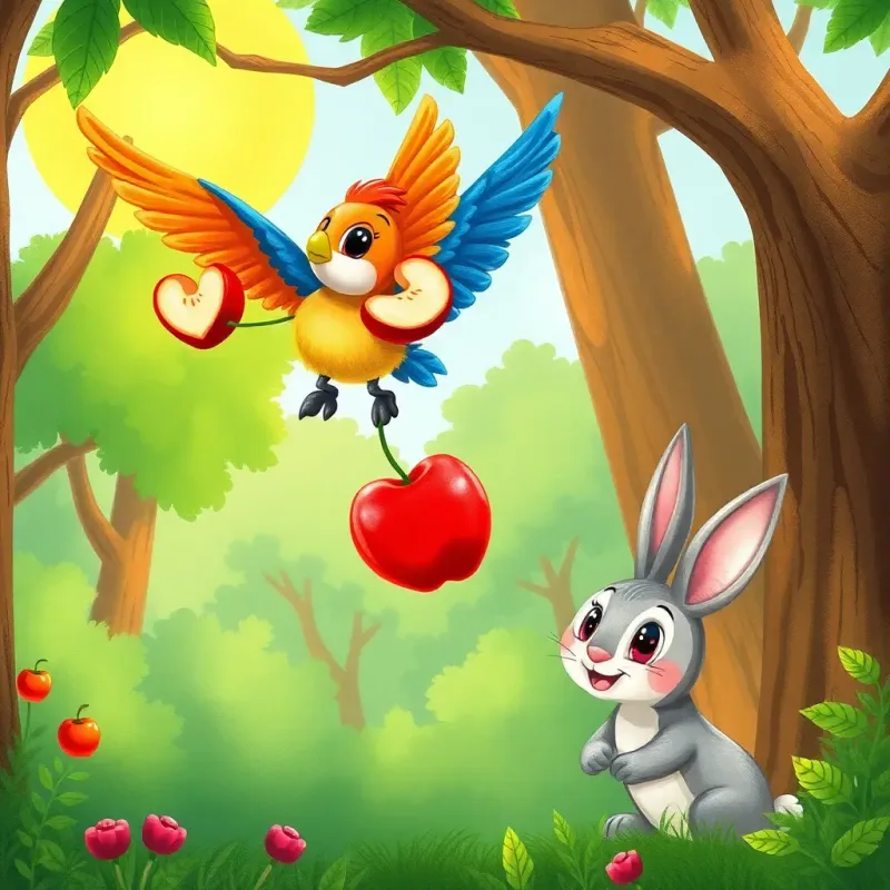A colorful bird, Leila, flying in the forest with a piece of shiny red apple in her beak, Rami the rabbit watching happily below, sunny day, vibrant colors, heartwarming scene, detailed illustration