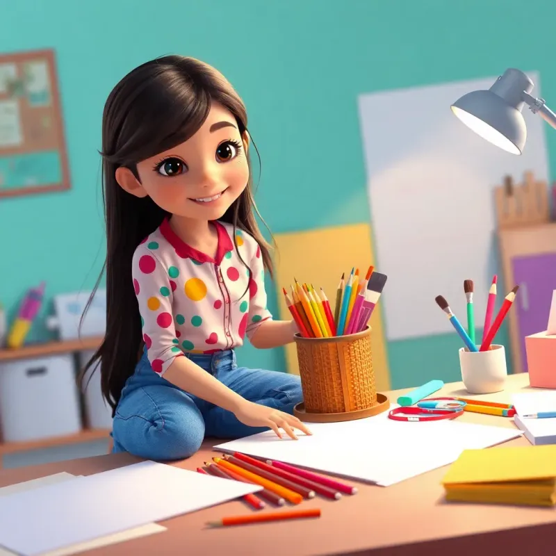 Leila, a young girl with long dark hair in a colorful shirt and jeans, gathering her drawing tools: bright colored pencils, brushes, and clean papers on a table, joyful scene, bright colors, lively and engaging imagery