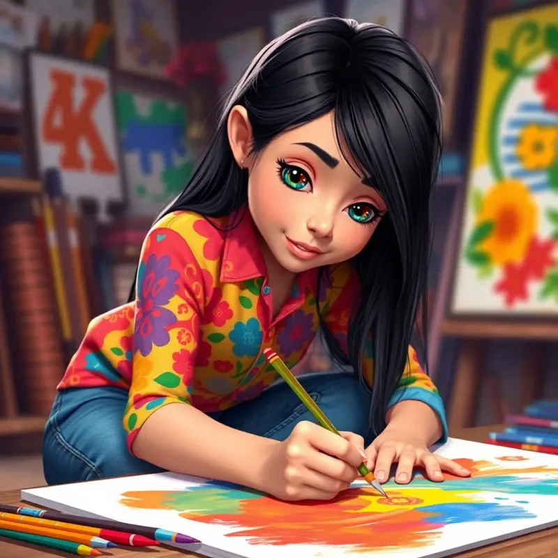 Leila, a young girl with long dark hair in a colorful shirt and jeans, drawing intensely with brushes on paper, colorful and detailed artwork in progress, vibrant colors, focused expression, artistic atmosphere
