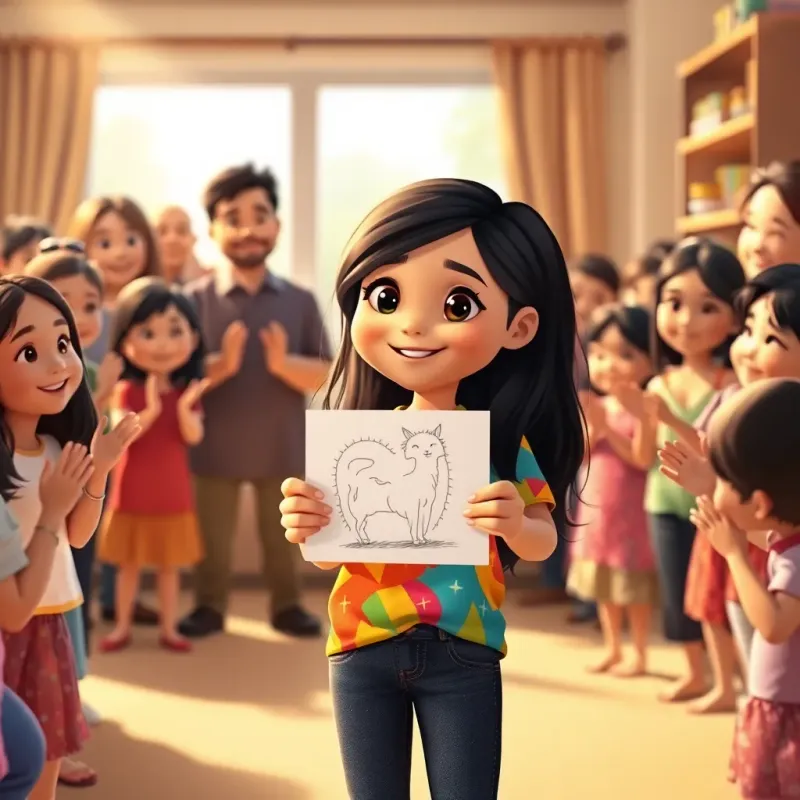 Leila, a young girl with long dark hair in a colorful shirt and jeans, proudly showing her drawing to her family and friends, everyone smiling and applauding, warm light, happy gathering, uplifting moment