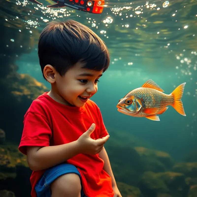 A small boy, Sami, with short black hair in a bright red shirt and blue shorts, talking to a small, friendly fish with shimmering scales in a sparkling river, colorful underwater view, playful and joyful, high quality