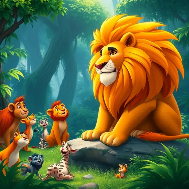 A large majestic lion with a golden mane, sitting on a rock in a lush green forest, surrounded by curious animals listening to him, vibrant colors, friendly atmosphere, highly detailed