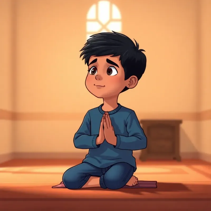 Sami, a young Arab boy with short black hair in a blue shirt and jeans, practicing prayer in a peaceful room with soft light, feeling calm and focused, illustration, warm colors, uplifting, child-friendly