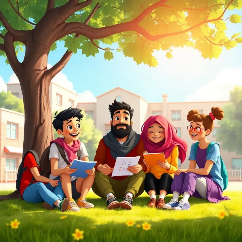 A sunny day outside the school, Sami sitting under a tree with a group of supportive friends, laughing and solving math problems together, vibrant colors, cheerful expressions, uplifting vibe, high quality