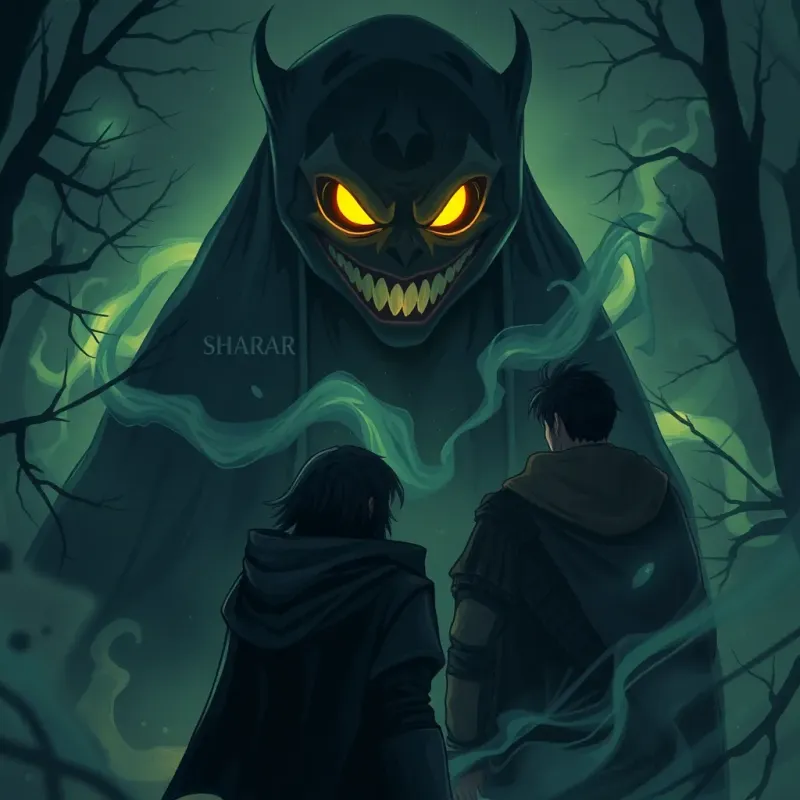 A large spooky ghost named Sharar, looming in the shadows, with glowing eyes and a mischievous grin, facing Adel who looks determined, surrounded by swirling mist and dark trees, illustration, eerie yet engaging vibe, high detail