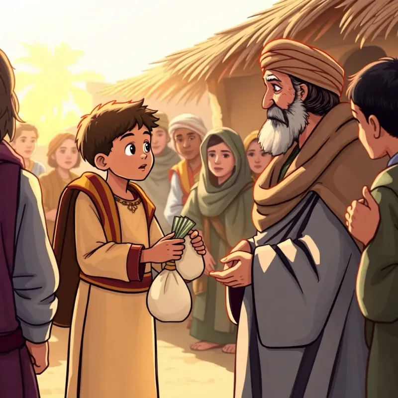 Hossam, a brave boy holding a bag of money, speaking to a wise village leader, who is wearing traditional clothes, surrounded by villagers, warm sunlight, community gathering, detailed illustration, inspiring moment, child-friendly art