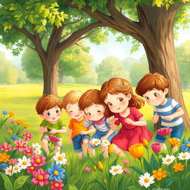 A group of children, including Sami, searching for something in a sunny park, looking beneath trees and among flowers, excited expressions, illustration, colorful, lively scene, child-friendly, high quality