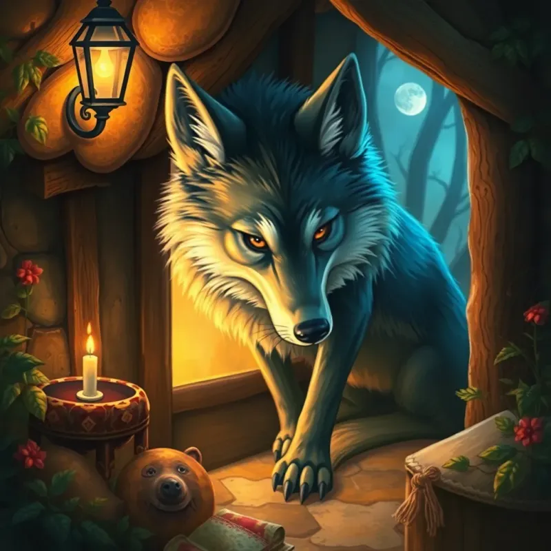 An sly wolf with glossy fur, cleverly disguising itself in a cozy cottage, detailed illustration, warm light, inviting and mysterious, high quality
