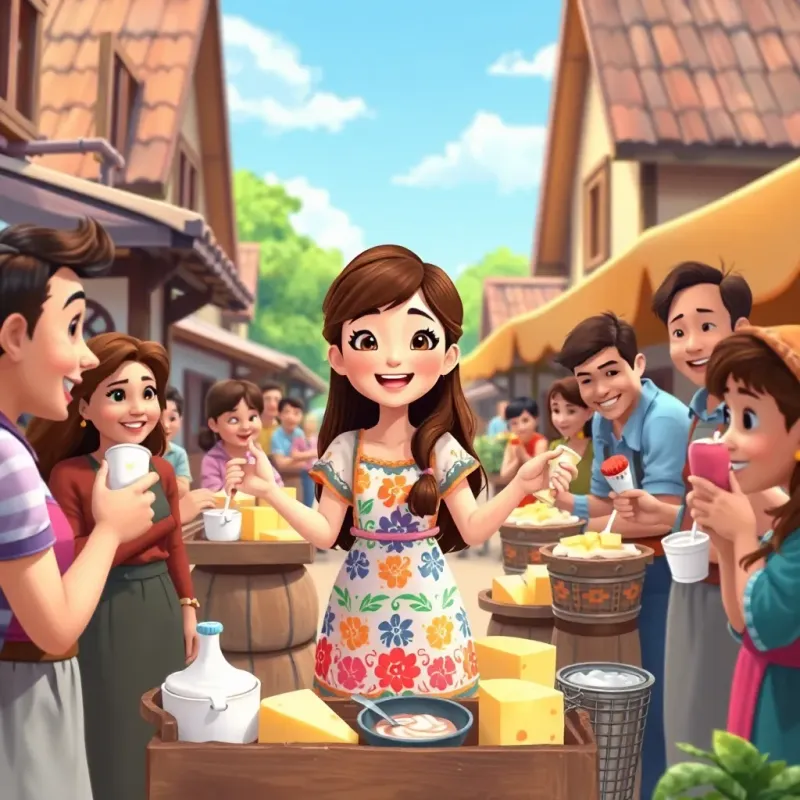 Lin, a joyful girl with long brown hair in a colorful dress, setting up a small dairy shop in the village, surrounded by happy customers tasting her delicious cheese and yogurt, vibrant market scene, upbeat and cheerful, detailed artwork