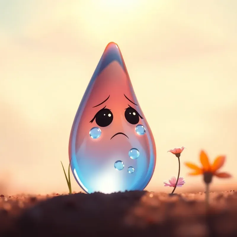 قطرة, a tiny water droplet, looking sad with tears, next to a small flower, under a sunny sky, soft light, warm colors, touching scene, digital art, high quality