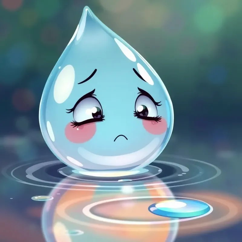 A close-up of Qatoura, a small water drop, losing its shine with teary eyes watching the wasted water, emotional expression, digital art, reflective, colorful background
