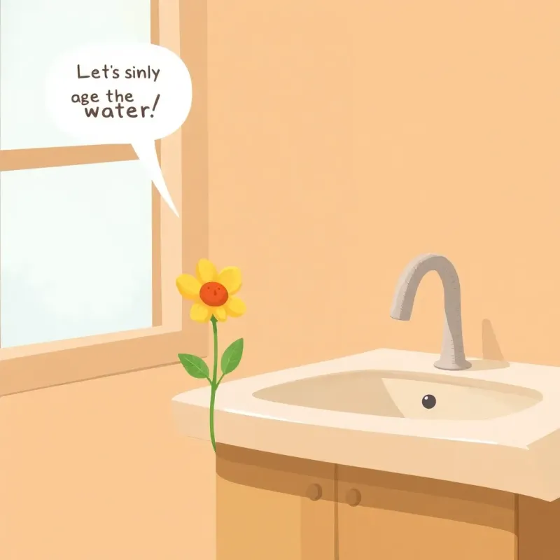 A small flower beside the sink, looking sad with droopy petals, speaking softly about lacking water, gentle and cute character design, illustration, warm colors