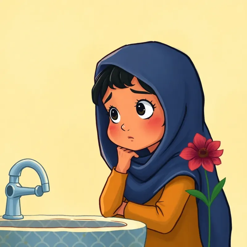 A thoughtful Munira, looking between the sink and the sad flower, contemplating her actions, bright light, depth of thought, illustration, engaging and imaginative