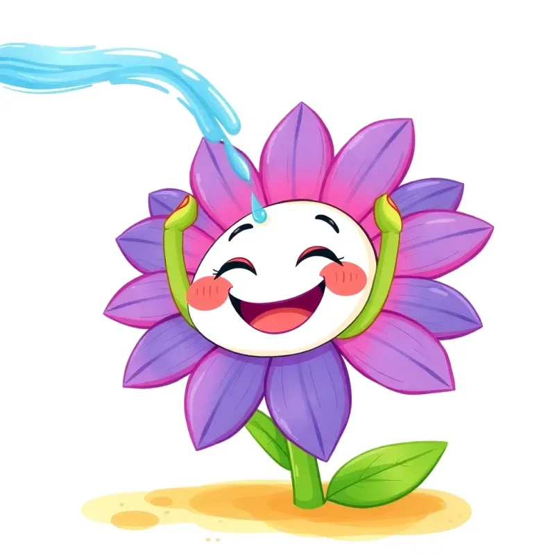 A beautiful flower lifting its head and smiling joyfully as it gets water, colorful and vibrant image, feeling revitalized, friendly and cheerful