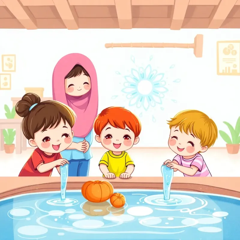 Cute children at the kindergarten using water mindfully, with Qatoura sparkling in the background, teaching them about saving water, vibrant colors, joyful and playful scene.