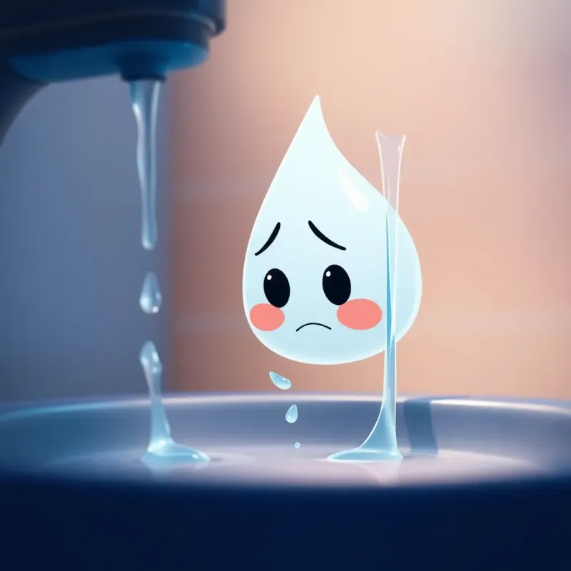 قطورة, the little water droplet, with a sad expression, watching water flowing from a faucet, dim light, showing emotion, colorful background, illustration