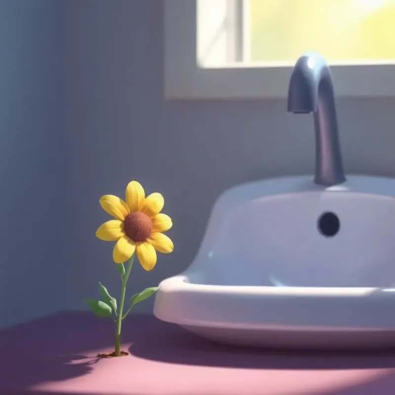 A small flower next to the sink, looking weary and dry, speaking softly about not wasting water, vivid colors, emotional scene, child-friendly art