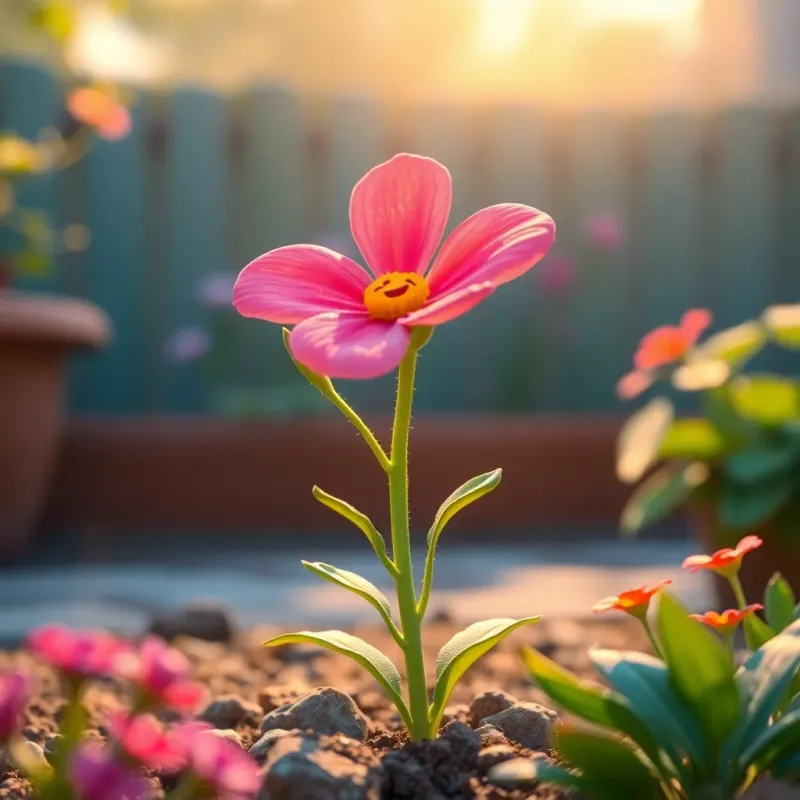 A small flower raised and smiling, more vibrant than before, appreciating the water saving effort in the garden-like setting, colorful and warm light